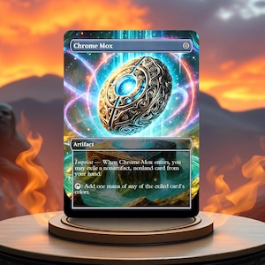 May include: Chrome Mox Magic: The Gathering card features a gold and blue orb with intricate details. The card text reads "Imprint - When Chrome Mox enters, you may exile a nonartifact, nonland card from your hand. Add one mana of any of the exiled card's colours."