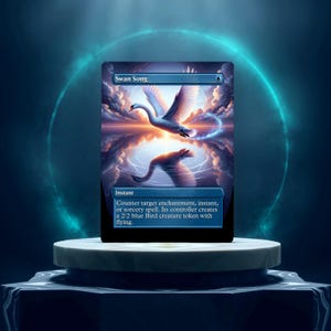 Könnte beinhalten: Eine blaue Magic: The Gathering Karte mit dem Text "Swan Song" und der Fähigkeit, einen Zielzauber, eine Zielverzauberung oder einen Zielspruch zu kontern. Die Karte zeigt einen weißen Schwan, der über einem Gewässer mit einem Sonnenuntergang im Hintergrund fliegt.