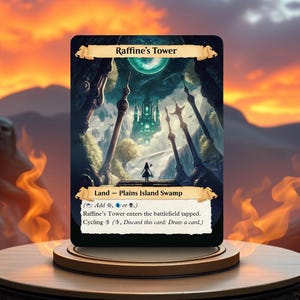 Puede incluir: Una carta de fantasía con el texto "Raffine's Tower" y "Land - Plains Island Swamp". La imagen muestra una torre y una figura en un paisaje con tonos verdes y azules. La carta se presenta sobre un soporte de madera.