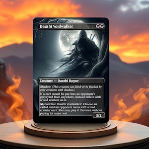 May include: A black and white illustration of a Dauthi Voidwalker creature card from the Magic: The Gathering trading card game. The card features a black-cloaked figure with a hood standing in a shadowy forest. The card text reads "Dauthi Voidwalker, Creature - Dauthi Rogue, Shadow (This creature can block or be blocked by only creatures with shadow.), If a card would be put into an opponent's graveyard from anywhere, instead exile it with a void counter on it., , Sacrifice Dauthi Voidwalker: Choose an exiled card an opponent owns with a void counter on it. You may play it this turn without paying its mana cost., 3/2".