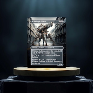 May include: A black and silver Walking Ballista Magic: The Gathering card featuring a mechanical creature with a large cannon. The card text reads "Walking Ballista enters the battlefield with X +1/+1 counters on it. : Put a +1/+1 counter on Walking Ballista. Remove a +1/+1 counter from Walking Ballista: It deals 1 damage to any target. 0/0".