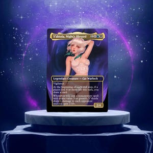 May include: A rectangular trading card titled Y'shtola, Night's Blessed, featuring a character with white hair and cat ears. The card displays the text Legendary Creature - Cat Warlock, 2/4 power and toughness, and game rules in a purple frame.