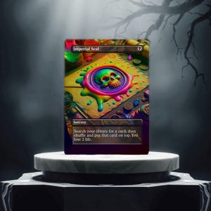 May include: A Magic: The Gathering card with a black background and a colorful skull seal in the center. The card is titled "Imperial Seal" and reads "Sorcery: Search your library for a card, then shuffle and put that card on top. You lose 2 life."