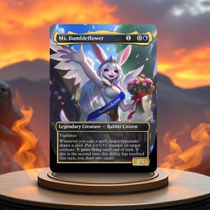 May include: A fantasy trading card featuring a white rabbit with wings and a crown, holding a bouquet of flowers. The card is titled "Ms. Bumbleflower" and has a 1/5 power and toughness rating. The card text reads: "Vigilance. Whenever you cast a spell, target opponent draws a card. Put a +1/+1 counter on target creature. It gains flying until end of turn. If this is the second time this ability has resolved this turn, you draw two cards."