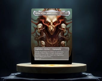 Peut inclure: Une carte Magic: The Gathering appelée "Helm of the Host". C'est une carte d'artefact légendaire d'équipement avec un schéma de couleurs rouge et blanc. L'illustration de la carte représente une créature à plusieurs têtes sur un fond rouge.