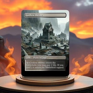 May include: A Magic: The Gathering card depicting a stone shrine with a dark, ominous sky. The card text reads "Godless Shrine" and "Land - Plains Swamp". The card text continues: "As Godless Shrine enters the battlefield, you may pay 2 life. If you don't, it enters the battlefield tapped."