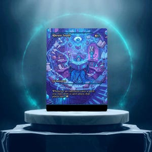 May include: A rectangular trading card titled Rhystic Study featuring a blue-toned illustration of a wizard reading in a library. The artwork includes floating books, a large eye symbol, and text detailing game rules in a purple and blue colour palette.