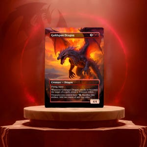 Puede incluir: Una carta de juego de fantasía con un dragón rojo y negro sobre un fondo de fuego. El texto de la carta dice "Goldspan Dragon" y tiene las siguientes habilidades: "Vuelo, prisa. Siempre que Goldspan Dragon ataque o se convierta en el objetivo de un hechizo, crea una ficha de Tesoro. Los tesoros que controlas tienen "Sacrificar este artefacto: Agrega dos manás de cualquier color.""