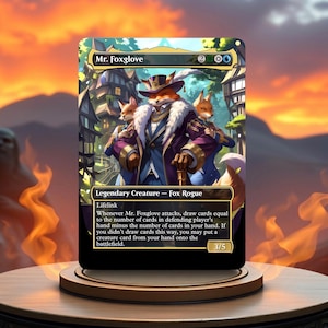 May include: A fantasy trading card featuring a fox wearing a top hat and a purple suit. The card is titled "Mr. Foxglove" and has a 3/5 power and toughness rating. The card text reads "Legendary Creature - Fox Rogue, Lifelink, Whenever Mr. Foxglove attacks, draw cards equal to the number of cards in defending player's hand minus the number of cards in your hand. If you didn't draw cards this way, you may put a creature card from your hand onto the battlefield."