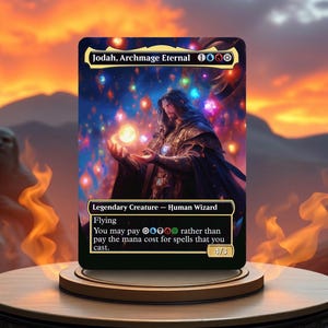 May include: A Magic: The Gathering card featuring Jodah, Archmage Eternal, a legendary creature with flying ability. The card has a black background with a colorful illustration of Jodah holding glowing orbs in his hands. The card text reads "You may pay rather than pay the mana cost for spells that you cast."