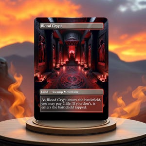 Puede incluir: Una carta de Magic: The Gathering llamada "Blood Crypt". Es una carta de tierra que es un pantano montaña. El arte de la carta representa una cripta oscura, roja y negra con un trono en el centro.