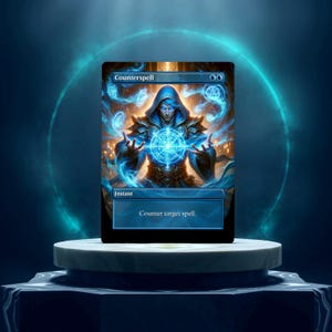 May include: A blue and white magic card with the text "Counterspell" and "Counter target spell." The card features an illustration of a wizard in a blue robe holding a glowing blue orb.