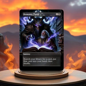 Puede incluir: Una carta de Magic: The Gathering en blanco y negro con un fondo morado oscuro y azul. La carta presenta un demonio con cuernos y una figura humana sosteniendo un libro. El texto de la carta dice "Demonic Tutor". 10. Hechizo. Busca en tu biblioteca una carta, pon esa carta en tu mano y luego baraja.