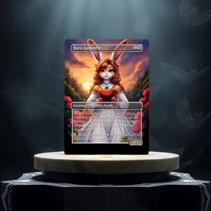 May include: A fantasy trading card featuring a white rabbit with brown fur and a red dress holding a book. The card is titled "Hare Apparent" and has the text "Creature - Rabbit Noble" and "When this creature enters, create a number of 1/1 white Rabbit creature tokens equal to the number of other creatures you control named Hare Apparent."