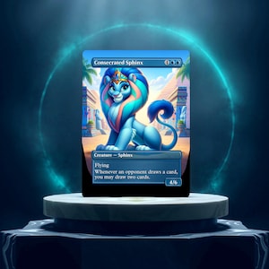 Puede incluir: Una criatura azul y rosa con una corona en la cabeza, llamada "Esfinge Consagrada", se representa en una carta de Magic: The Gathering. El texto de la carta dice "Criatura - Esfinge", "Vuelo", "Siempre que un oponente roba una carta, puedes robar dos cartas.", y "4/6".