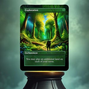 Może przedstawiać: Zielona i niebieska karta Magic: The Gathering z tekstem "Exploration" i "Zaklęcie". Grafika na karcie przedstawia ścieżkę przez las, po której idzie osoba.