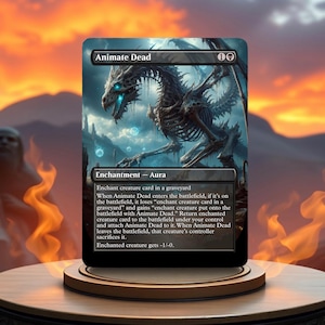 May include: A Magic: The Gathering card with a black and white background. The card is titled "Animate Dead" and features a skeletal dragon with glowing blue eyes. The card text reads: "Enchant creature card in a graveyard. When Animate Dead enters the battlefield, if it's on the battlefield, it loses "enchant creature card in a graveyard" and gains "enchant creature put onto the battlefield with Animate Dead." Return enchanted creature card to the battlefield under your control and attach Animate Dead to it. When Animate Dead leaves the battlefield, that creature's controller sacrifices it. Enchanted creature gets -1/-0."