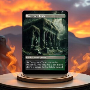 May include: A Magic: The Gathering card depicting a large, overgrown tomb with vines and trees growing over it. The card is titled "Overgrown Tomb" and is a Swamp Forest land card. The text on the card reads: "As Overgrown Tomb enters the battlefield, you may pay 2 life. If you don't, it enters the battlefield tapped."