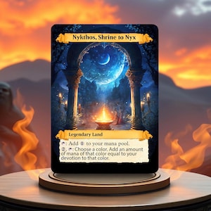 May include: A Magic: The Gathering card depicting a fantasy landscape with a moon and a shrine. The card text reads "Nykthos, Shrine to Nyx" and "Legendary Land". The card's ability is to add one mana to your mana pool and then choose a color and add an amount of mana of that color equal to your devotion to that color.