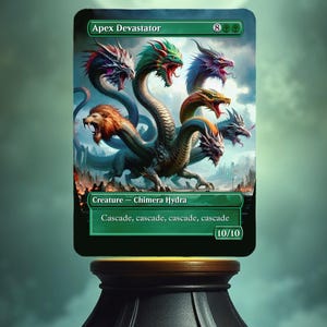 May include: A green, blue, and red fantasy creature card with the text "Apex Devastator" and "Creature - Chimera Hydra". The card has the text "Cascade, cascade, cascade, cascade" and "10/10".