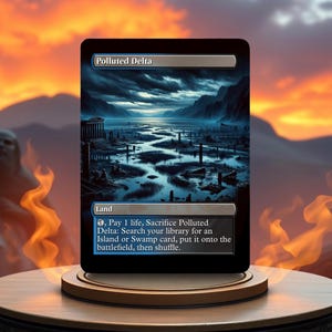 May include: A Magic: The Gathering card called "Polluted Delta". It is a land card with a blue and gray background. The card text reads: "Pay 1 life, Sacrifice Polluted Delta: Search your library for an Island or Swamp card, put it onto the battlefield, then shuffle."