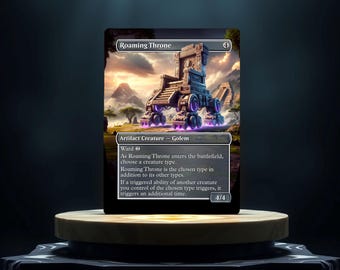 Peut inclure: Une carte de jeu de cartes fantastique avec une illustration violette et noire d'un trône de pierre avec des roues. Le texte de la carte indique "Roaming Throne" et "Artifact Creature - Golem". La carte a un symbole de garde et le texte "As Roaming Throne enters the battlefield, choose a creature type. Roaming Throne is the chosen type in addition to its other types. If a triggered ability of another creature you control of the chosen type triggers, it triggers an additional time." La carte a une puissance de 4 et une résistance de 4.