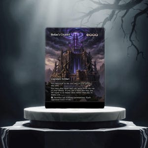 May include: A rectangular trading card titled Bolas's Citadel, featuring a dark, towering fortress under a swirling purple sky. The card text describes it as a Legendary Artifact with specific gameplay abilities, including a sacrifice effect.