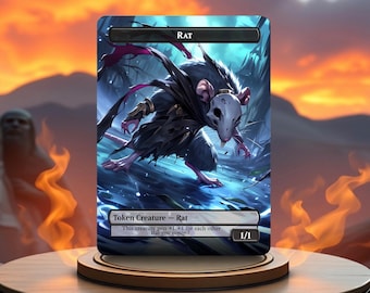 May include: A fantasy-style trading card featuring a rat creature with a black cloak and a white skull mask. The card text reads "RAT" and "Token Creature - Rat". The card also includes the text "This creature gets +1/+1 for each other Rat you control." and has a power and toughness of 1/1.