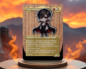 May include: A fantasy trading card featuring a cartoon vampire knight with red eyes and a black cape. The card is titled "Edgar Markov" and has a 3/0/0 mana cost. The card text reads: "Eminence - Whenever you cast another Vampire spell, if Edgar Markov is in the command zone or on the battlefield, create a 1/1 black Vampire creature token. First strike, haste. Whenever Edgar Markov attacks, put a +1/+1 counter on each Vampire you control." The card has a power and toughness of 4/4.