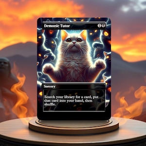 May include: A Magic: The Gathering card with a white cat surrounded by black cats with glowing eyes. The card is titled "Demonic Tutor" and has a black background with white text. The text reads: "Search your library for a card, put that card into your hand, then shuffle."