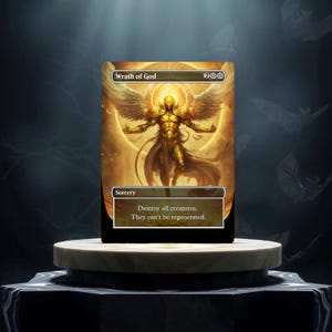 Puede incluir: Una carta de Magic: The Gathering con una figura de ángel dorado en el fondo. La carta se titula "Ira de Dios" y dice "Destruye todas las criaturas. No pueden ser regeneradas."