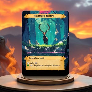 May include: A Magic: The Gathering card depicting a forest scene with a deer standing in the middle of a stream. The card is titled "Yavimaya Hollow" and is a Legendary Land card. The card text reads "Add {G}. {G}: Regenerate target creature."