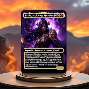 May include: Inalla, Archmage Ritualist, a Magic: The Gathering card featuring a purple-haired woman in a black and gold outfit. The card text reads: "Eminence - Whenever another nontoken Wizard enters the battlefield under your control, if Inalla, Archmage Ritualist is in the command zone or on the battlefield, you may pay 1. If you do, create a token that's a copy of that Wizard. The token gains haste. Exile it at the beginning of the next end step. Tap five untapped Wizards you control: Target player loses 7 life."