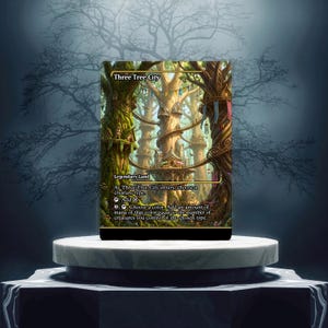 May include: A rectangular trading card titled Three Tree City, featuring a detailed illustration of a forest settlement built into large, mossy trees with wooden platforms, bridges, and dwellings, with game text printed in white over the artwork.