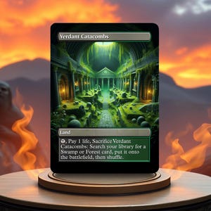 May include: A Magic: The Gathering card called "Verdant Catacombs". It is a green and black land card with an illustration of a overgrown, ruined building. The card text reads: "Pay 1 life, Sacrifice Verdant Catacombs: Search your library for a Swamp or Forest card, put it onto the battlefield, then shuffle."