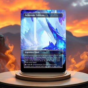 May include: A Magic: The Gathering card depicting a fantasy landscape with blue and white crystalline formations. The card is titled "Gemstone Caverns" and is a Legendary Land. The card text reads: "If Gemstone Caverns is in your opening hand and you're not the starting player, you may begin the game with Gemstone Caverns on the battlefield with a luck counter on it. If you do, exile a card from your hand. :Add. If Gemstone Caverns has a luck counter on it, instead add one mana of any color."