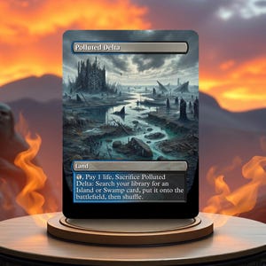 May include: A Magic: The Gathering card called "Polluted Delta". It is a land card with a blue mana symbol and the following text: "Pay 1 life, Sacrifice Polluted Delta: Search your library for an Island or Swamp card, put it onto the battlefield, then shuffle."