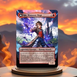 Puede incluir: Una carta de Magic: The Gathering con Ral, Mago de la Monzón, una criatura legendaria con un esquema de color rojo, blanco y azul. La carta representa a un mago humano con una expresión decidida, blandiendo un rayo. El texto de la carta dice "Ral, Mago de la Monzón" y "Criatura legendaria - Mago humano".