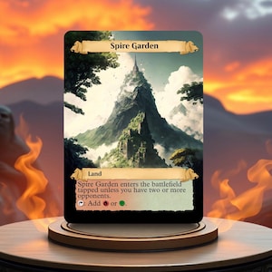 May include: A Magic: The Gathering card called "Spire Garden". It is a land card with a green, brown, and white color scheme. The card art depicts a large, green mountain with a spire on top. The card text reads: "Spire Garden enters the battlefield tapped unless you have two or more opponents. Add or ."