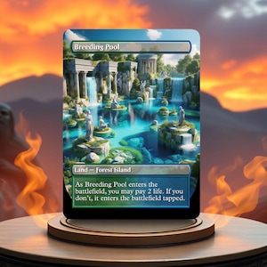May include: A Magic: The Gathering card depicting a fantasy landscape with a pool of water, waterfalls, and stone structures. The card is titled "Breeding Pool" and is a "Land - Forest Island". The card text reads: "As Breeding Pool enters the battlefield, you may pay 2 life. If you don't, it enters the battlefield tapped."