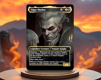 May include: A black and white illustration of a vampire knight card from the Magic: The Gathering trading card game. The card features a portrait of Edgar Markov, a legendary creature with the text "Eminence - Whenever you cast another Vampire spell, if Edgar Markov is in the command zone or on the battlefield, create a 1/1 black Vampire creature token. First strike, haste. Whenever Edgar Markov attacks, put a +1/+1 counter on each Vampire you control. 4/4".