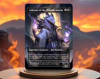 May include: Ashcoat of the Shadow Swarm, a Magic: The Gathering card featuring a rat-like creature with a white and purple robe, holding glowing purple orbs. The card text reads: "Whenever Ashcoat of the Shadow Swarm attacks or blocks, other Rats you control get +X/+X until end of turn, where X is the number of Rats you control. At the beginning of your end step, you may mill four cards. If you do, return up to two Rat creature cards from your graveyard to your hand. 3/4"
