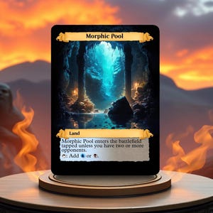 May include: A Magic: The Gathering card depicting a blue and green landscape with a cave and a pool of water. The card is titled "Morphic Pool" and is a land card. The card text reads: "Morphic Pool enters the battlefield tapped unless you have two or more opponents. Add or ."