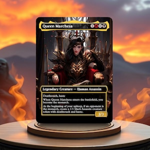 May include: Queen Marchesa, a black and gold legendary creature card from the Magic: The Gathering trading card game. The card features a woman with black hair and a crown sitting on a throne. The card text reads "Deathtouch, haste. When Queen Marchesa enters the battlefield, you become the monarch. At the beginning of your upkeep, if an opponent is the monarch, create a 1/1 black Assassin creature token with deathtouch and haste. 3/3."