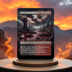 May include: A Magic: The Gathering card depicting a swampy landscape with a dark, ominous sky. The card is titled "Bloodstained Mire" and has a black mana symbol, a red mana symbol, and the text: "Pay 1 life, Sacrifice Bloodstained Mire: Search your library for a Swamp or Mountain card, put it onto the battlefield, then shuffle."
