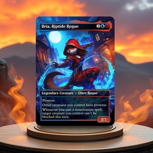 May include: A fantasy trading card featuring a blue and red otter creature with a red hood, holding a blue water stream. The card is titled "Bria, Riptide Rogue" and has the text "Legendary Creature - Otter Rogue".