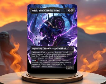 May include: A fantasy trading card featuring a purple and black creature with a swirling eye. The card is titled "Wick, the Whorled Mind" and has a power of 2/4. The card text describes the creature's abilities.