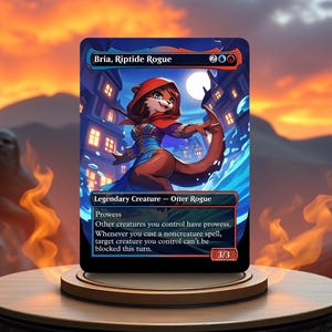 May include: A fantasy trading card featuring a cartoon otter wearing a red hooded cloak and blue clothing. The card is titled "Bria, Riptide Rogue" and has a blue and red background. The card text reads "Legendary Creature - Otter Rogue. Prowess. Other creatures you control have prowess. Whenever you cast a noncreature spell, target creature you control can't be blocked this turn. 3/3."
