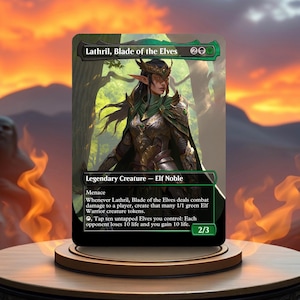 May include: A green and gold Magic: The Gathering card featuring Lathril, Blade of the Elves, a legendary Elf Noble creature with menace. The card text reads: "Whenever Lathril, Blade of the Elves deals combat damage to a player, create that many 1/1 green Elf Warrior creature tokens.  , Tap ten untapped Elves you control: Each opponent loses 10 life and you gain 10 life."