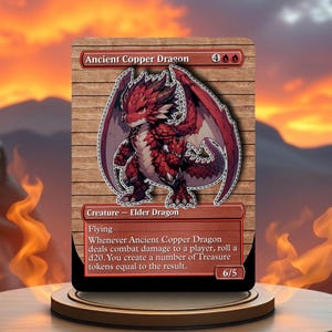 Puede incluir: Una carta de juego de fantasía con un dragón rojo con el texto "Ancient Copper Dragon" y "Creature - Elder Dragon". La carta tiene un coste de maná de 4/00 y una fuerza y resistencia de 6/5.